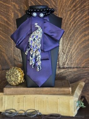 Deep Purple Satin Neck Tie with Crystal Peacock Brooch